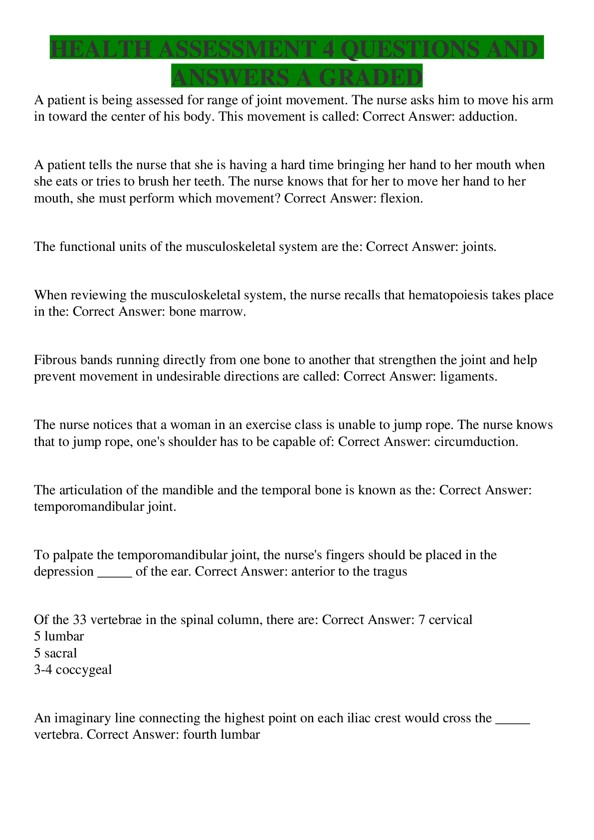 HEALTH ASSESSMENT 4 QUESTIONS AND ANSWERS A GRADED - Browsegrades